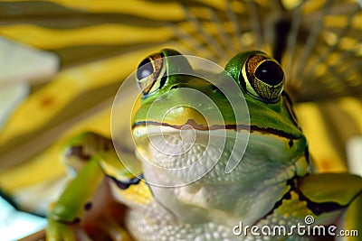 closeup of a frog with a leafpatterned umbrella Stock Photo