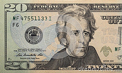 Closeup of front side of 20 dollar Stock Photo