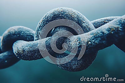 Closeup of a frosty, metallic chain. A powerful image symbolizing strength, connection, and resilience, perfect for concepts of Stock Photo