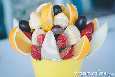 Closeup of fruit bouquet decoration on the dining table Stock Photo