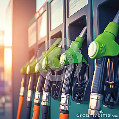 Closeup fuel nozzles dispensing petrol and diesel at station Stock Photo