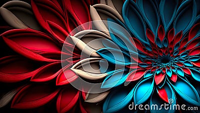 closeup full-frame background of red and blue petal flower, neural network generated art Stock Photo