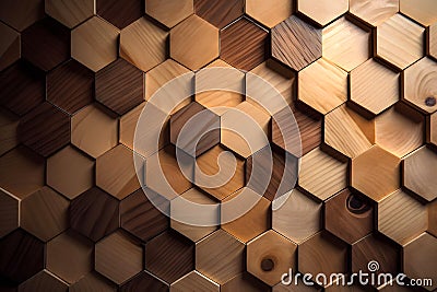 closeup full-frame background of tiled hexagonal wooden dowel ends, neural network generated art Stock Photo
