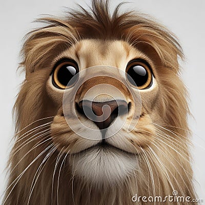 Closeup Funny Portrait of surprised lion with Huge Eyes on solid white background, wide angle shot. ai generative Stock Photo