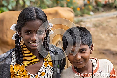 Closeup of girl and boy at Pilgrim farewell ceremony, Belathur K Editorial Stock Photo