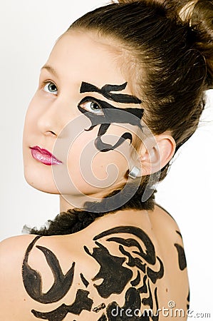 Closeup girl with scorpio painted on back Stock Photo