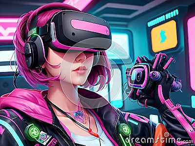 Closeup of Girl Wearing VR Headset Illustrations in 4k Cyberpunk World. generative AI Stock Photo