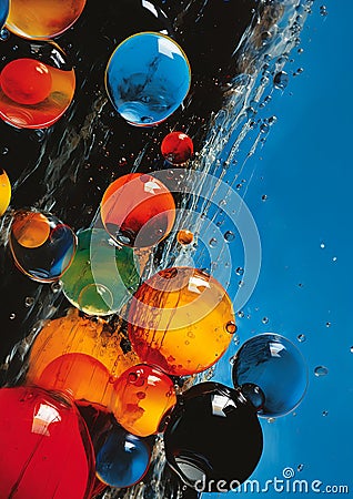 Closeup of glass balls floating in deep, glossy magazine liquid Stock Photo