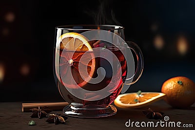 Closeup of glass of mulled wine with ingredients on dark background Stock Photo