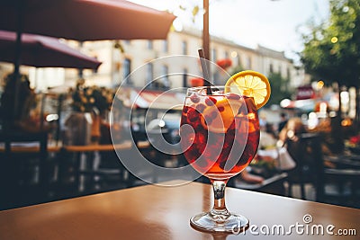 closeup glass of sangria on table in a street cafe on blurred background Stock Photo