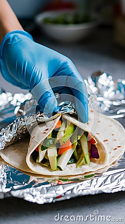 Closeup gloved hand assembling a wrap, blurred kitchen background Stock Photo