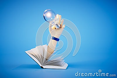 Closeup glowing light bulb in the hand and book on a blue background. 3d render Stock Photo
