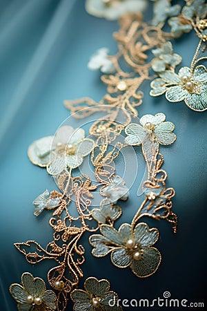 Closeup of a gold embroidered lace with flowers, AI Stock Photo