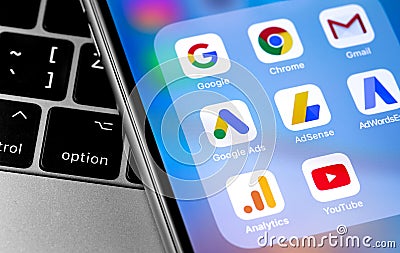 Google services Chrome, Gmail, Ads, AdSense, AdWordsExpress, Analytics, Youtube icons app Editorial Stock Photo