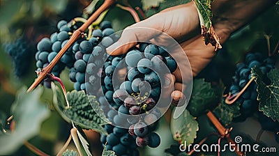 Closeup of grape bunch on vine being picked by worker hands Stock Photo