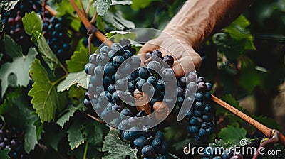 Closeup of grape bunch on vine being picked by worker hands Stock Photo