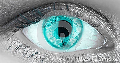 Closeup of green, coral human eye. Macro pupil retina human colse eye, eyeball. Female eyes with long eyelashes close up Stock Photo