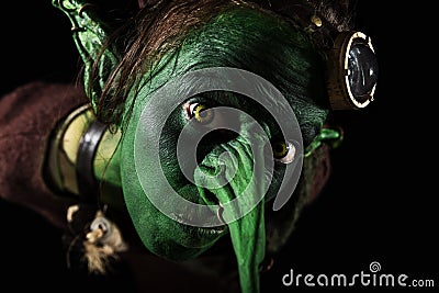 Closeup, green female goblin with a long nose and freaky ears Stock Photo