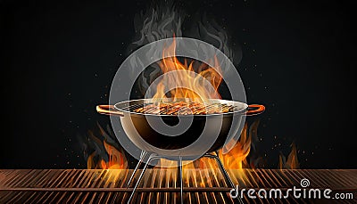 Closeup Of Grill With Fire And Charcoal. Hot empty barbecue BBQ grill with flaming fire and ember charcoal on black background Stock Photo