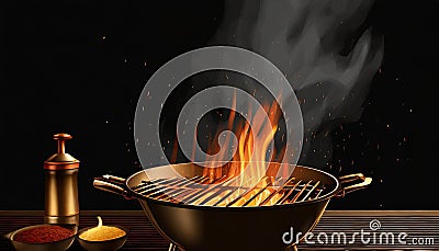 Closeup Of Grill With Fire And Charcoal. Hot empty barbecue BBQ grill with flaming fire and ember charcoal on black background Stock Photo