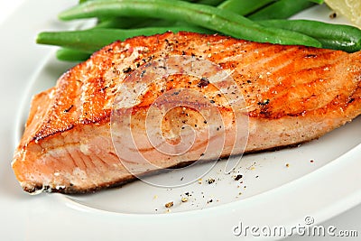 Closeup of Grilled Salmon Fillet with Green Beans Stock Photo