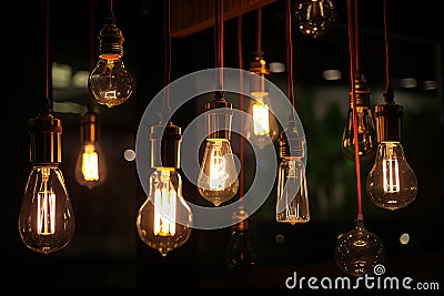 closeup on group of different Vintage Edison Light Bulb types illuminated in a dark environment,Generative AI Stock Photo