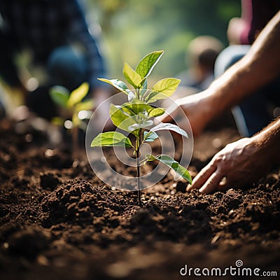 Closeup group planting trees in the garden Stock Photo