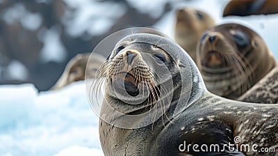 Closeup of a group of velvetlike fur seals basking in the sun their whiskers twitching as they lazily watch the Stock Photo