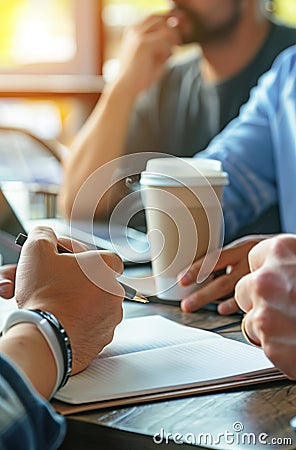 Closeup Group Young Coworkers Together Discussing Creative Project During Work Process. Modern Friends Business Meeting Stock Photo