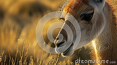 A closeup of a guanacos velvety nose damp from the morning dew as it sniffs the gr for the freshest blades. The Stock Photo