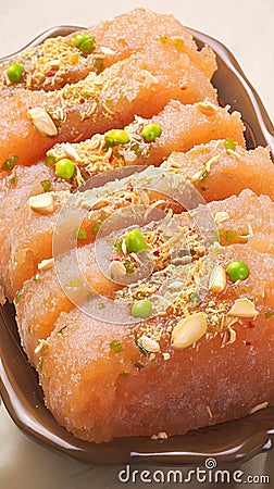 Closeup Gulab Halwa, a beloved dessert in Indian cuisine. Stock Photo