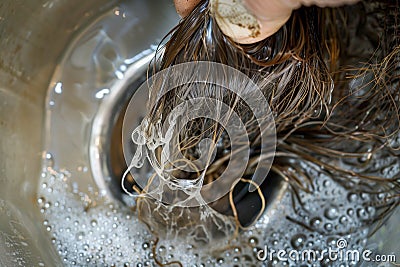 closeup of hair clog being pulled from drain Stock Photo