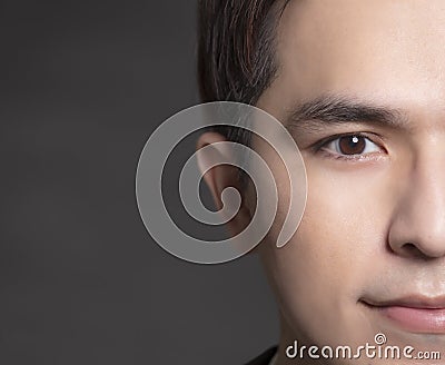 Closeup Half face of Asian young man Stock Photo