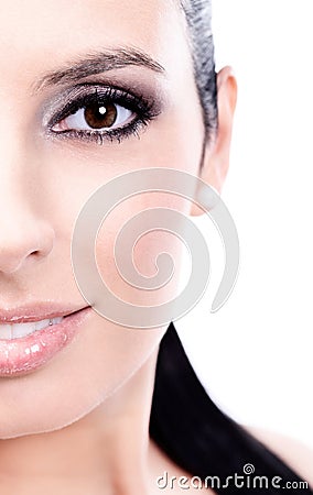 Closeup half portrait of beautiful smiling woman Stock Photo