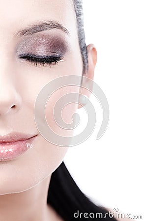Closeup half portrait of smiling woman eyes closed Stock Photo