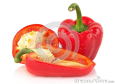 Closeup halved red bell peppers isolated on white Stock Photo