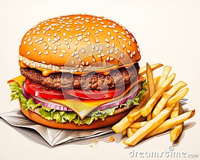 Closeup Hamburger French Fries Napkin Illustration Real Oil Squa Cartoon Illustration