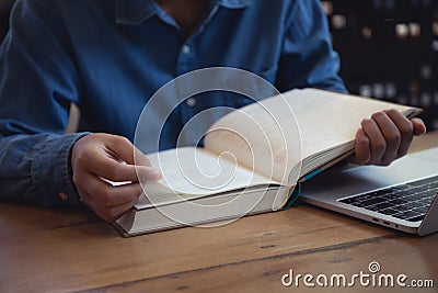 Closeup hand asian woman open book, asian female student at the library Stock Photo