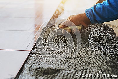 closeup hand construction worker laying tile Stock Photo