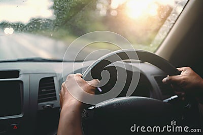 closeup hand driver car on road Stock Photo