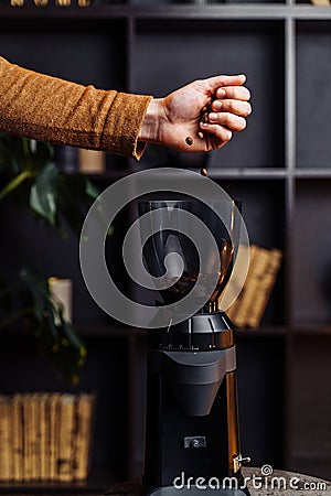 Closeup of the hand of a girl who pours out coffee beans into a black, stylish coffee grinder. Coffee beans slowly fall into the Stock Photo