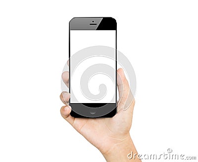 Closeup hand hold smartphone mobile isolated Stock Photo