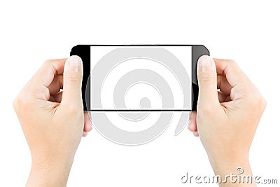 Closeup hand hold smartphone screen display isolated white Stock Photo