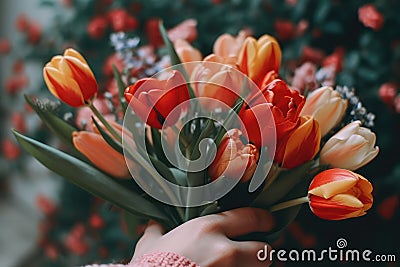 Closeup Of Hand Holding Bouquet Of Tulips. Generative AI Stock Photo