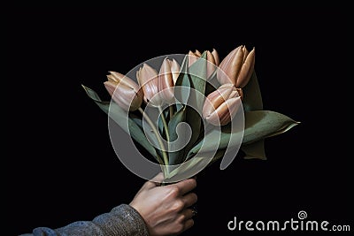 Closeup Of Hand Holding Bouquet Of Tulips. Generative AI Stock Photo