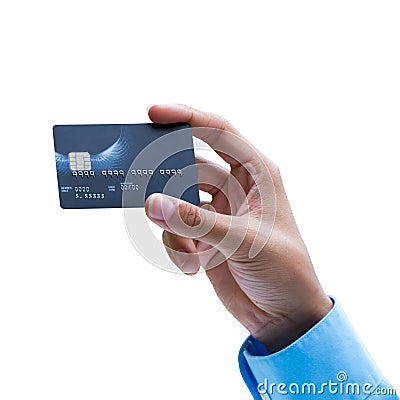 Closeup of hand holding credit card over white background Stock Photo