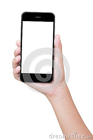 Closeup hand holding phone isolated with clipping path Stock Photo