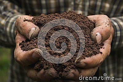 Closeup hand of person holding abundance soil for agriculture or Stock Photo