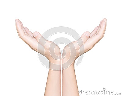 Closeup hand receive white isolated clipping path inside Stock Photo