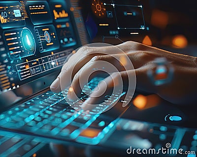 A closeup of a hand typing on a keyboard accessing a quantum computing simulation software Stock Photo